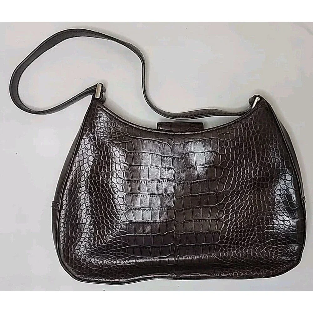 Casual Corner Leather Handbag Purse Crocodile Design Brown w/ Silver Hardware